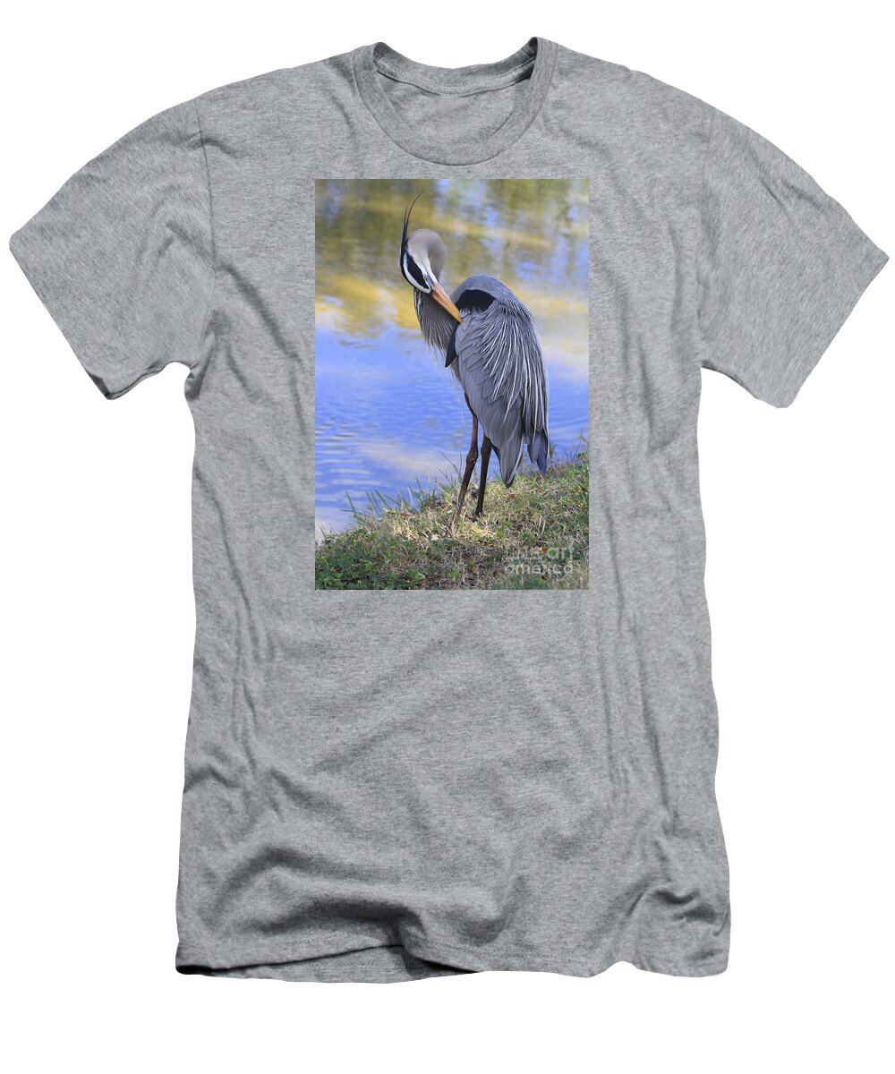 Blue Heron T-Shirt featuring the photograph Preening By The Pond by Deborah Benoit