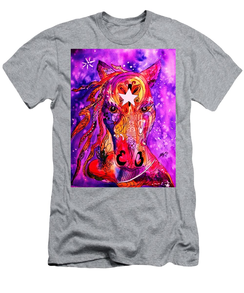 Horse's Head T-Shirt featuring the painting Psychedelic Tattooed Horse's Head by Ellen Levinson