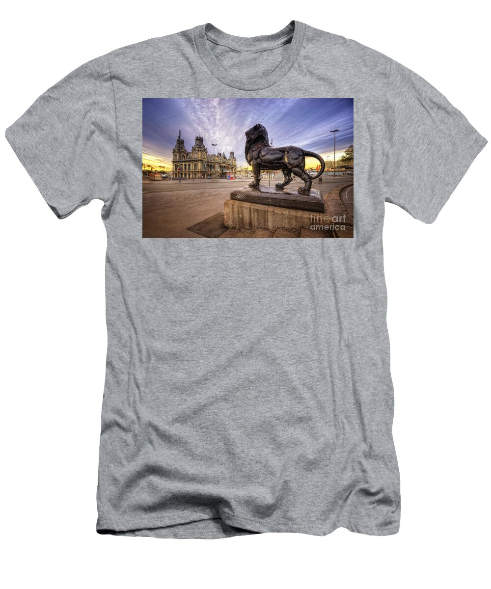 Yhun Suarez T-Shirt featuring the photograph Puerto de Barcelona Sunrise by Yhun Suarez