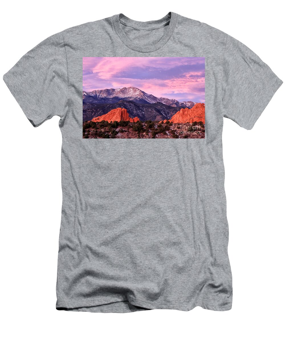Pikes Peak T-Shirt featuring the photograph Purple Skies over Pikes Peak by Ronda Kimbrow