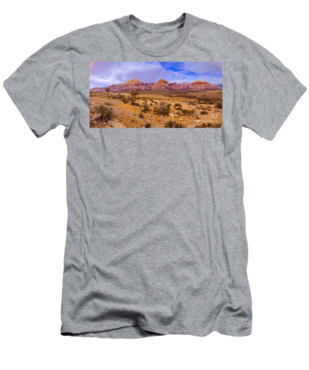Red Rock T-Shirt featuring the photograph Rainbow Wilderness Panorama at Red Rock Canyon before Sunrise - Las Vegas Nevada by Silvio Ligutti