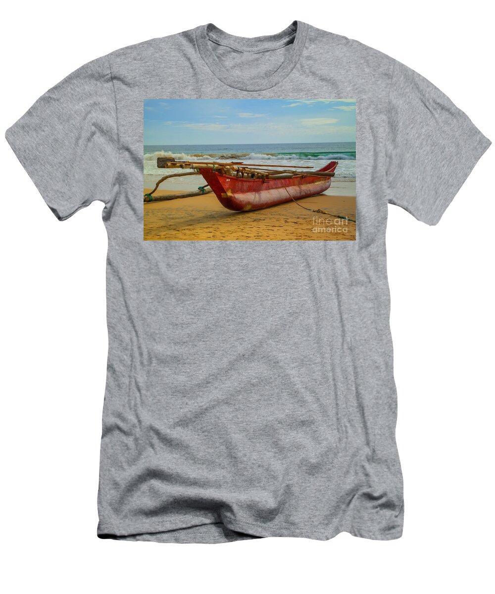 Catamaran T-Shirt featuring the photograph Red Catamaran At The Hikkaduwa Beach by Gina Koch