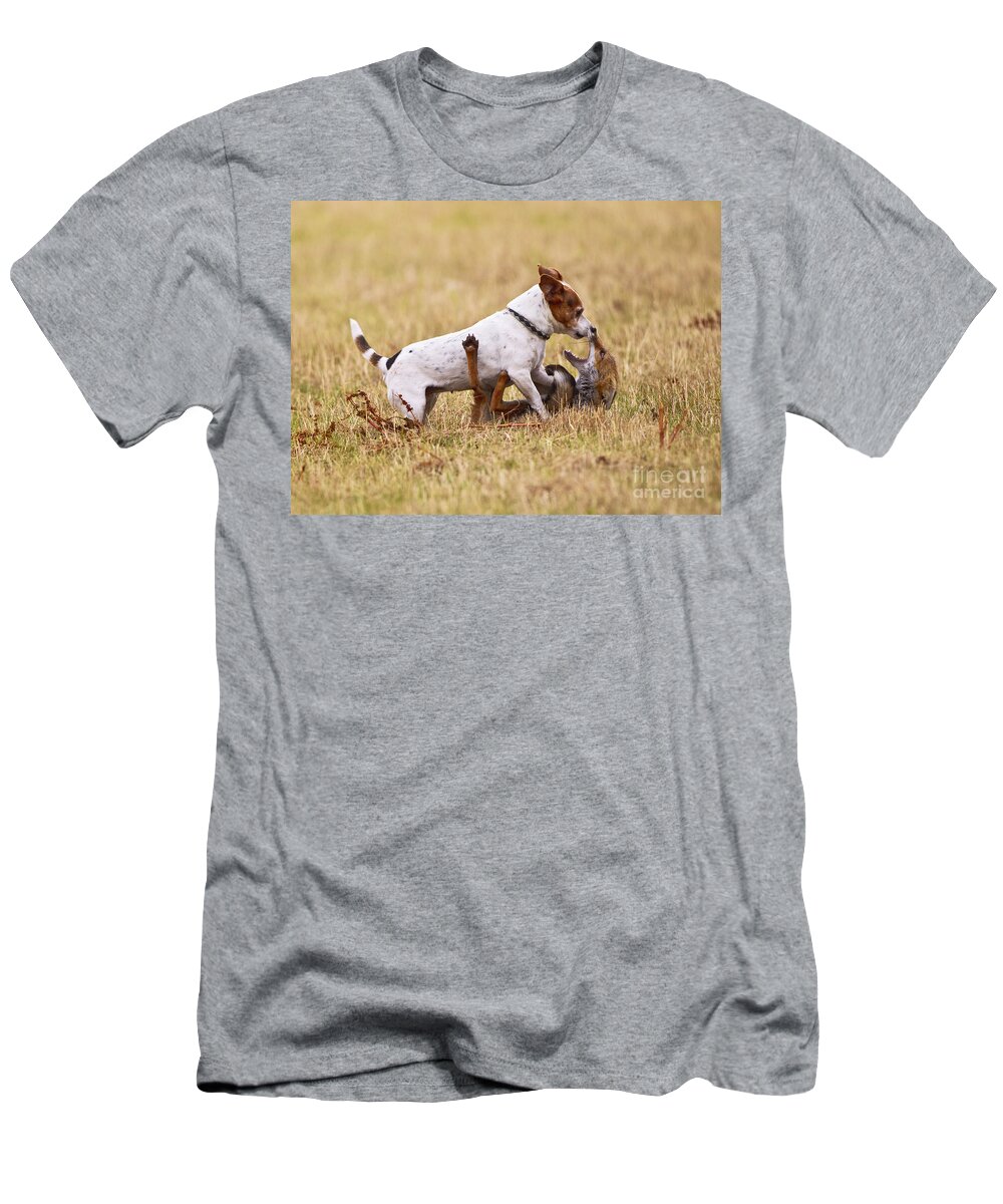 Red Fox T-Shirt featuring the photograph Red Fox Playing With Jack Russell by Brian Bevan
