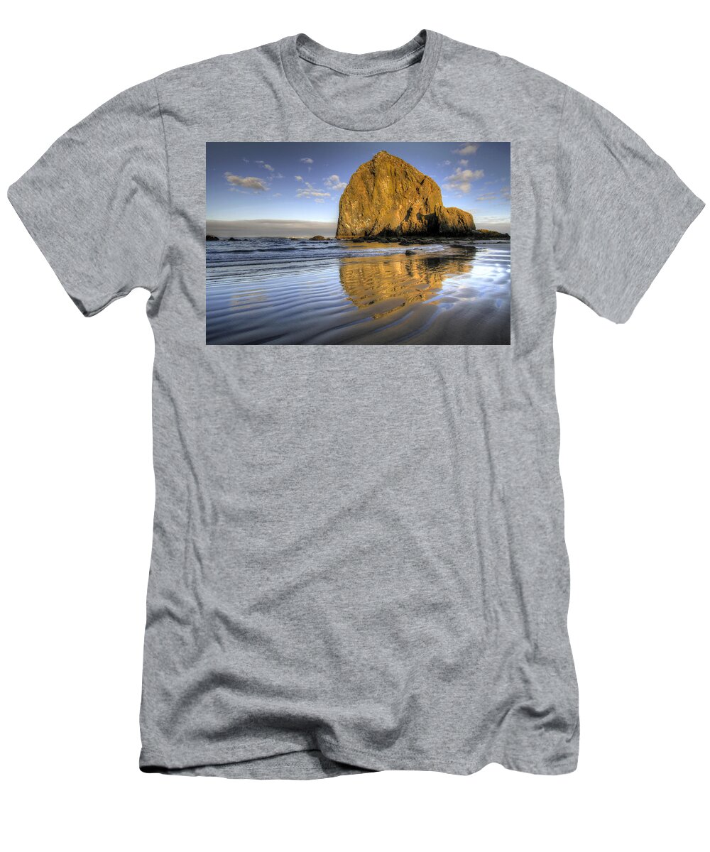 Reflection T-Shirt featuring the photograph Reflection of Haystack Rock at Cannon Beach 2 by David Gn