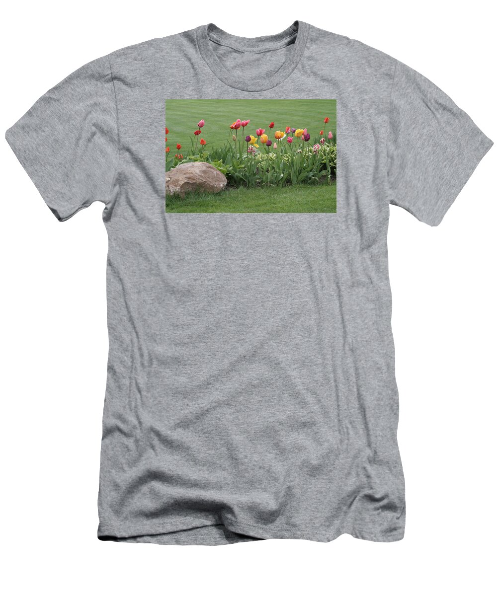 Tulips T-Shirt featuring the photograph Tulip and Hosta Garden by Valerie Collins