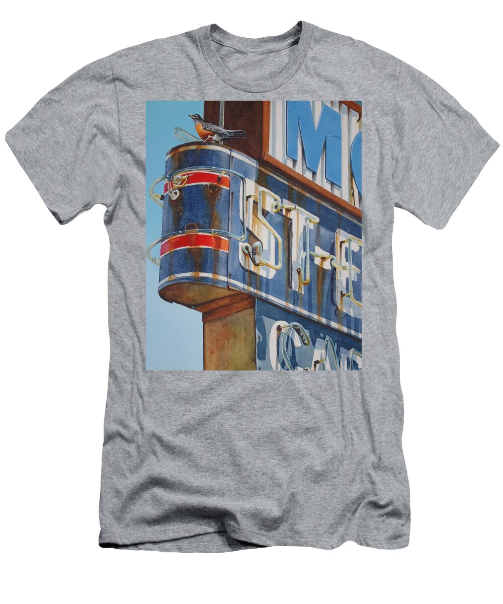 Neon Sign T-Shirt featuring the painting Robin and Motel by Greg and Linda Halom