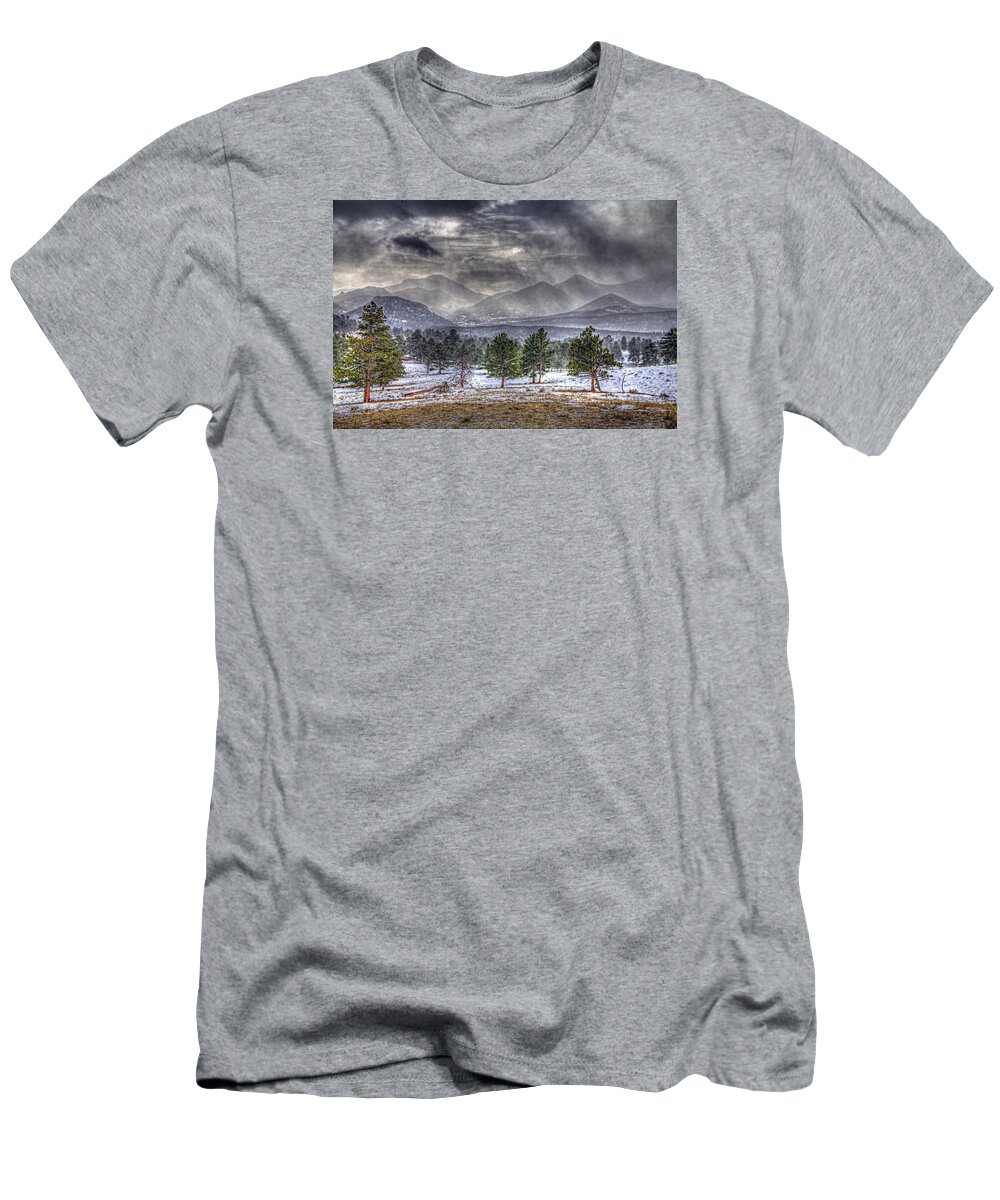 Rocky Mountain National Park T-Shirt featuring the photograph Rocky Mountain Snow Storm Estes Park Colorado by Roger Passman