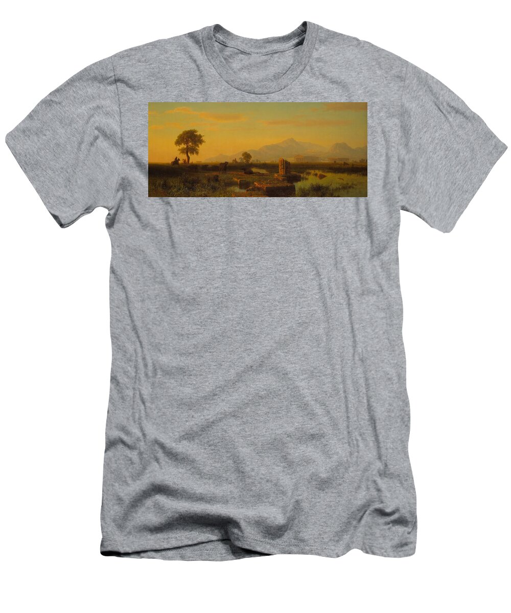 Paestum; Ruin; Ruins; Remains; Classical; Roman; Greco-roman; Greek; Architecture; Temple; Columns; Landscape; View; Italy; Italian; Campania; Sunset; Sundown; Dusk; Cow; Cows; Cattle; Male; Horse; Horseback; Riding; Mountains; Mountainous; Setting Sun; Evening T-Shirt featuring the painting Ruins of Paestum by Albert Bierstadt