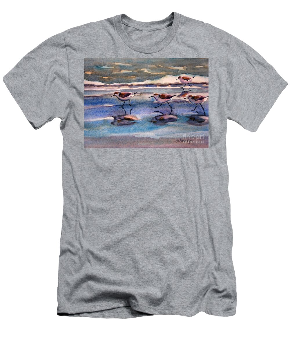 Fine Art T-Shirt featuring the painting Sandpipers running in beach shade 3-10-15 by Julianne Felton