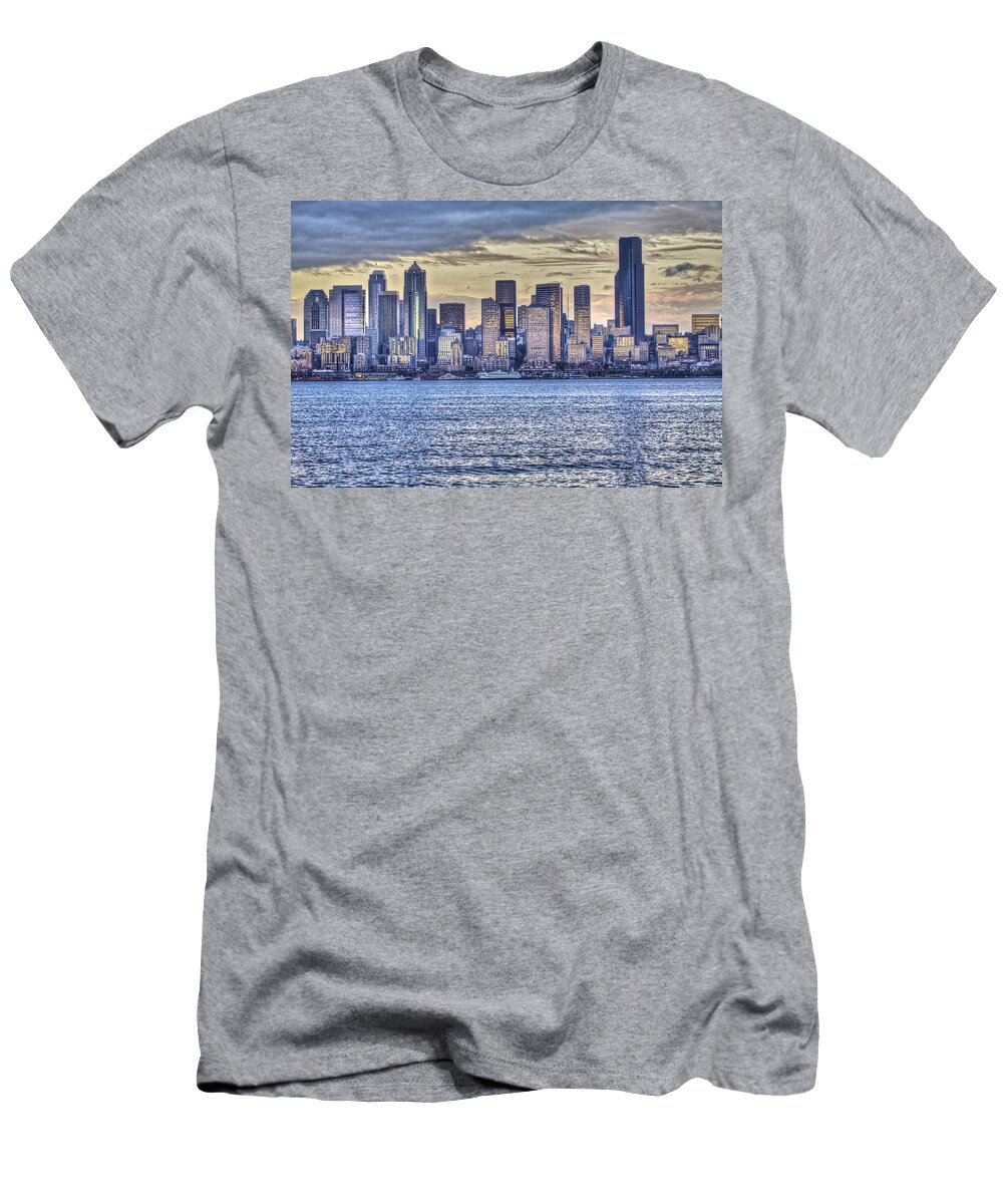 Sunset T-Shirt featuring the photograph Seattle at twilight from Alki Beach by SC Heffner