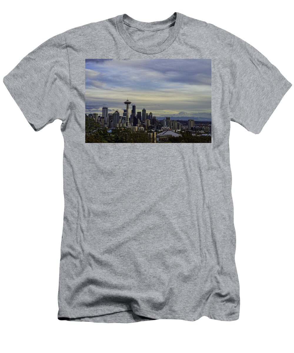 Seattle Skyline T-Shirt featuring the photograph Seattle Skyline Sunset by Jonathan Davison