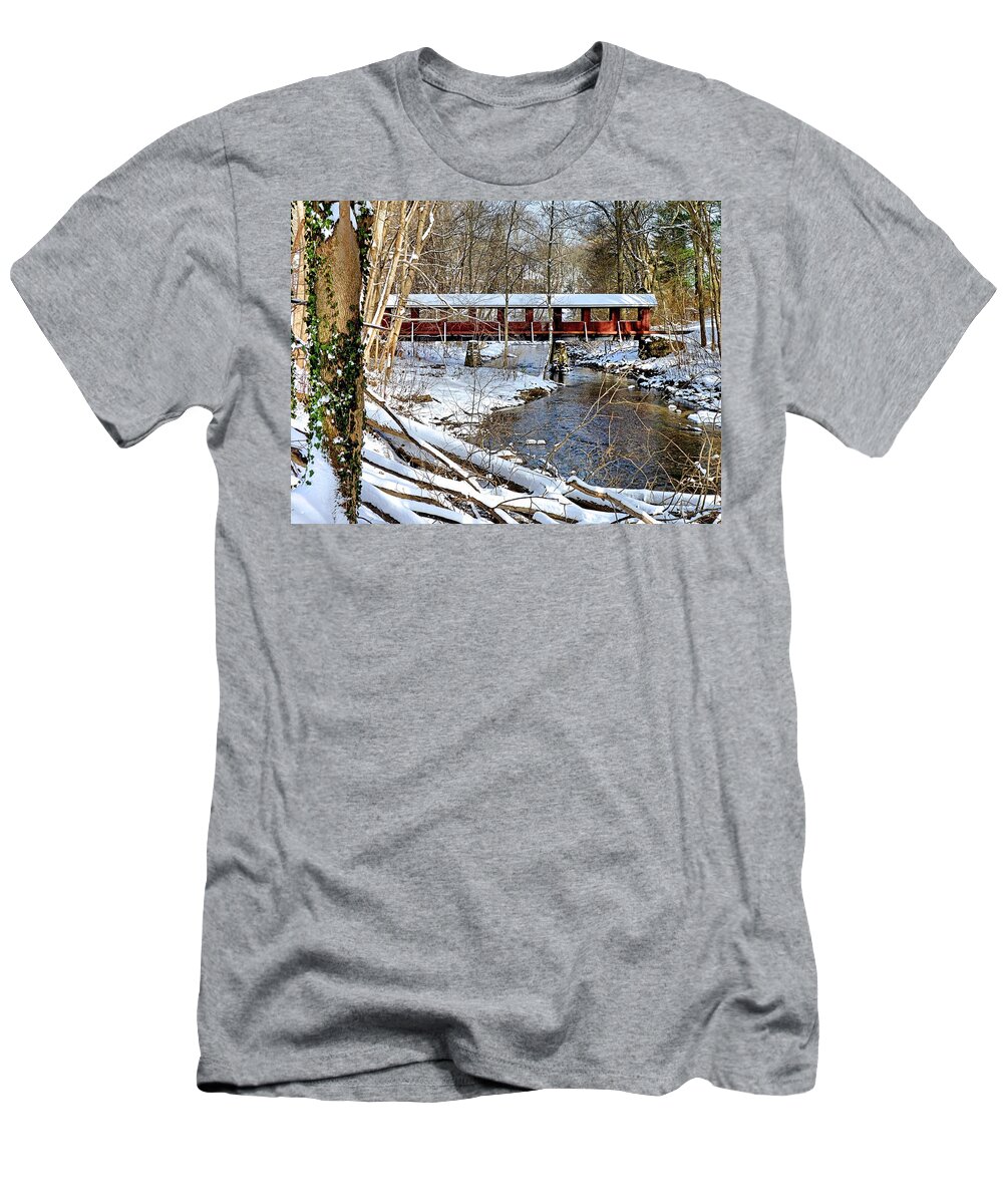 Bridge T-Shirt featuring the photograph Snow covered bridge by Janice Drew