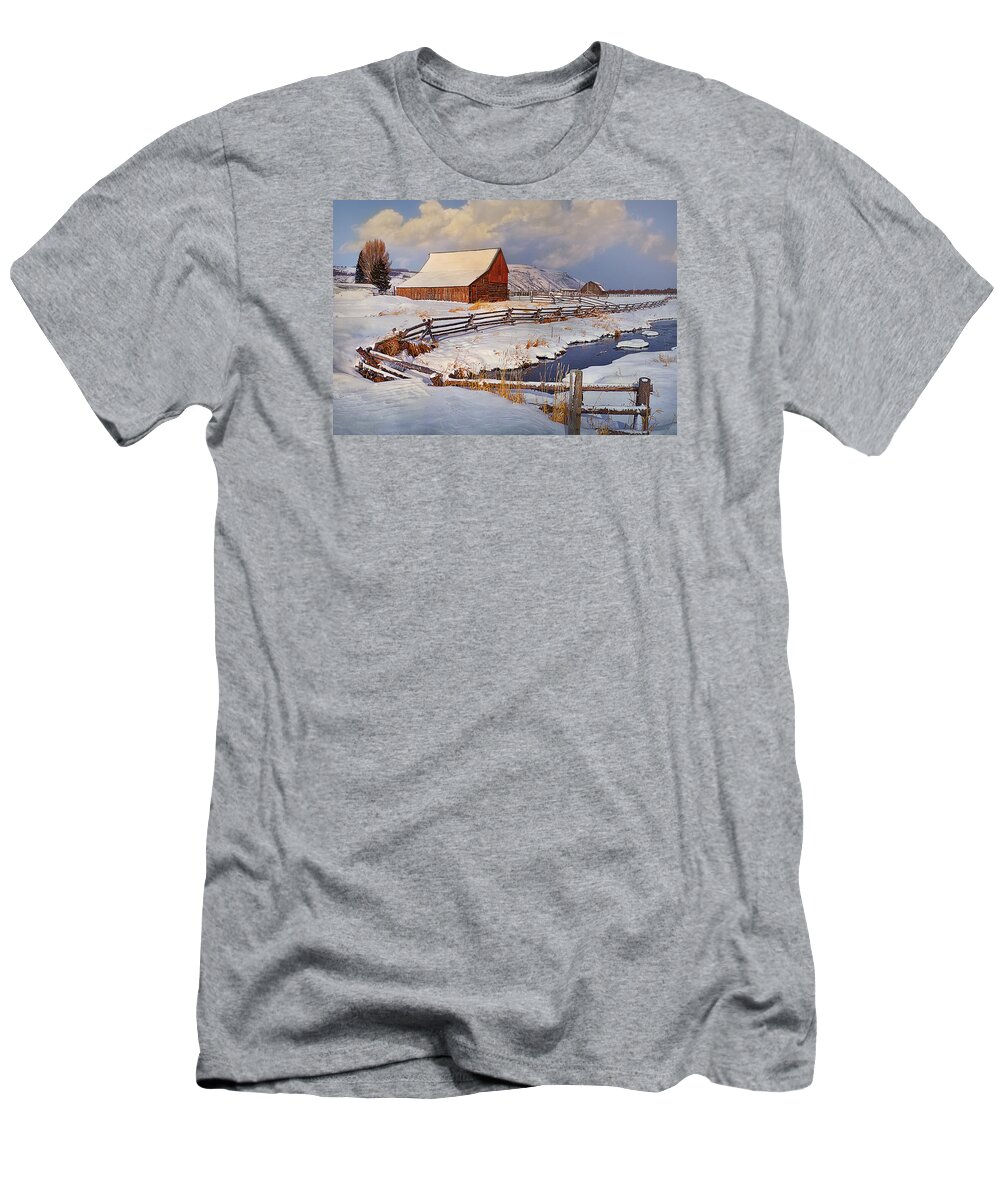 Barn T-Shirt featuring the photograph Snowed In by Priscilla Burgers