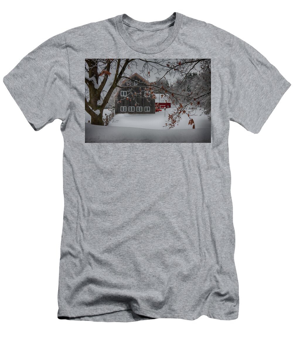 Scenic Vermont Photographs T-Shirt featuring the photograph Snowy grey and red by Jeff Folger