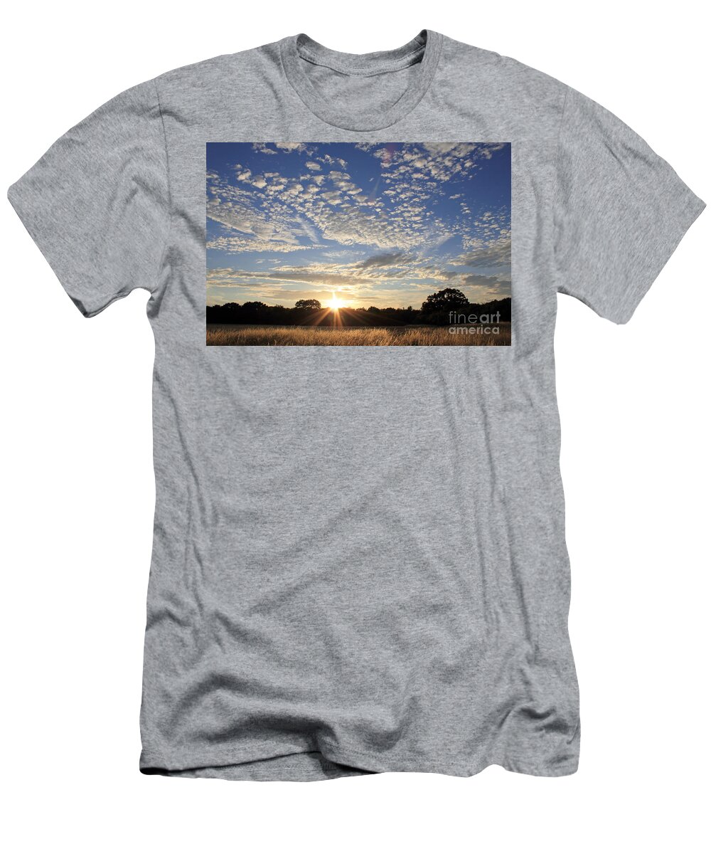 Spectacular Altocumulus Mackerel Cloud Formations Clouds Dusk Sky English British Landscape Sunburst Countryside Sunset Sun Set T-Shirt featuring the photograph Spectacular Sunset England by Julia Gavin