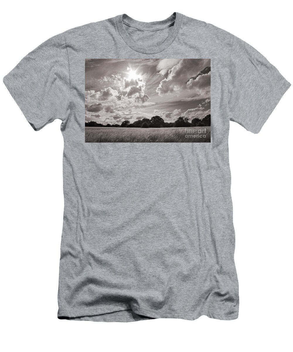 Spectacular Sunset Traditional England English British Britain Landscape Countryside Sunburst Cloudy Grass Field Summer Crop Mono Black And White Sepia T-Shirt featuring the photograph Spectacular Sunset in Sepia by Julia Gavin