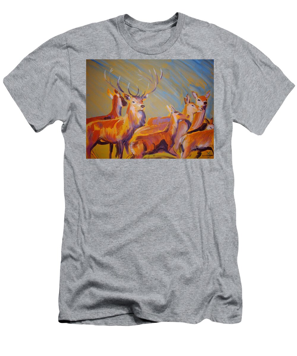 Deer T-Shirt featuring the painting Stag and Deer Painting by Mike Jory