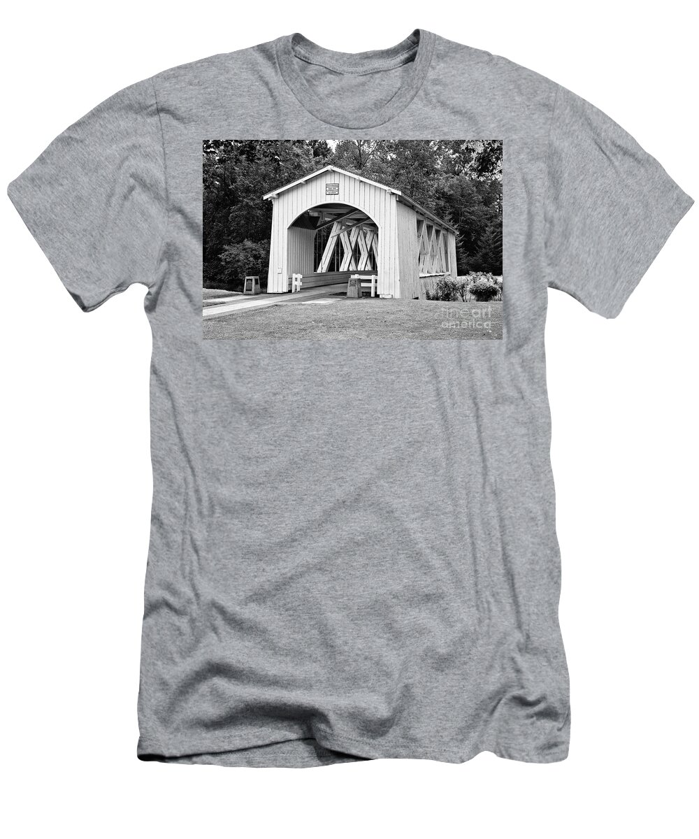 Stayton-jordan Covered Bridge T-Shirt featuring the photograph Stayton-Jordan Covered Bridge - BW by Scott Pellegrin