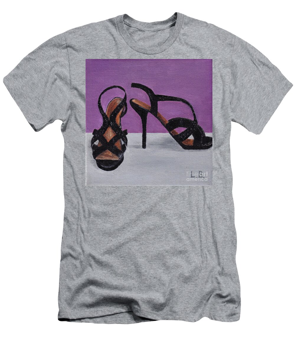 Strappy T-Shirt featuring the painting Strappy Black Heels for Maddy by Laurel Best