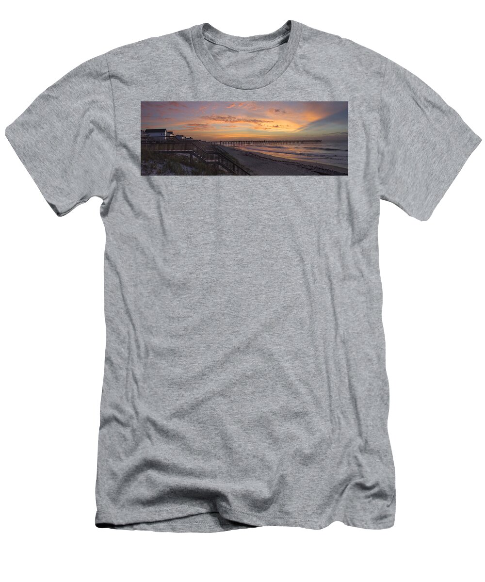 Fishing Pier T-Shirt featuring the photograph Sunrise on Topsail Island Panoramic by Mike McGlothlen