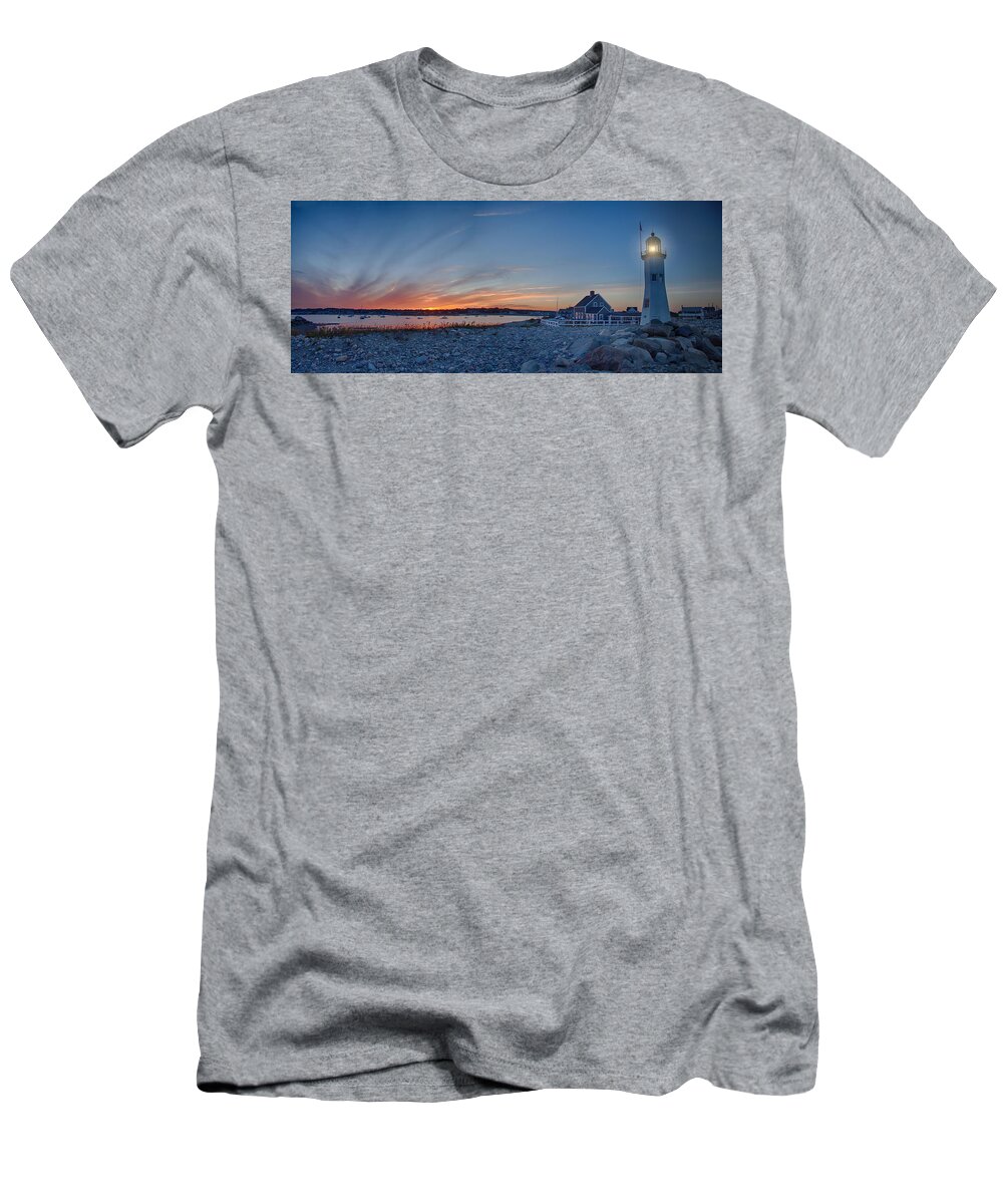 Scituate Lighthouse T-Shirt featuring the photograph Sunset at Scituate light by Jeff Folger