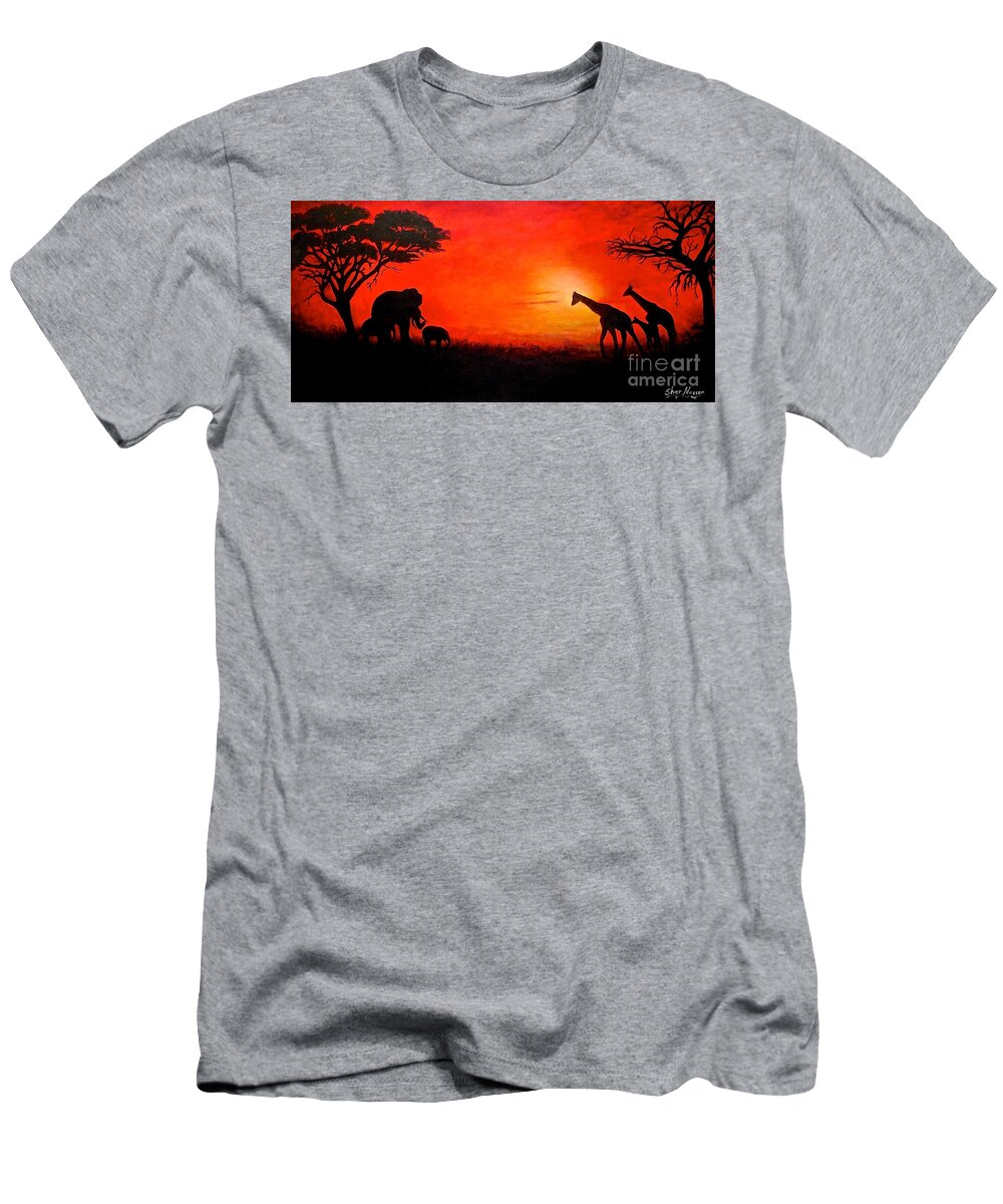 Acacia Trees T-Shirt featuring the painting Sunset at Serengeti by Sher Nasser