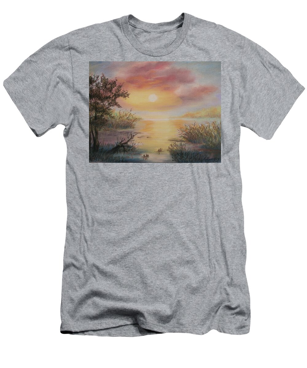 Luczay T-Shirt featuring the painting Sunset by the Lake by Katalin Luczay