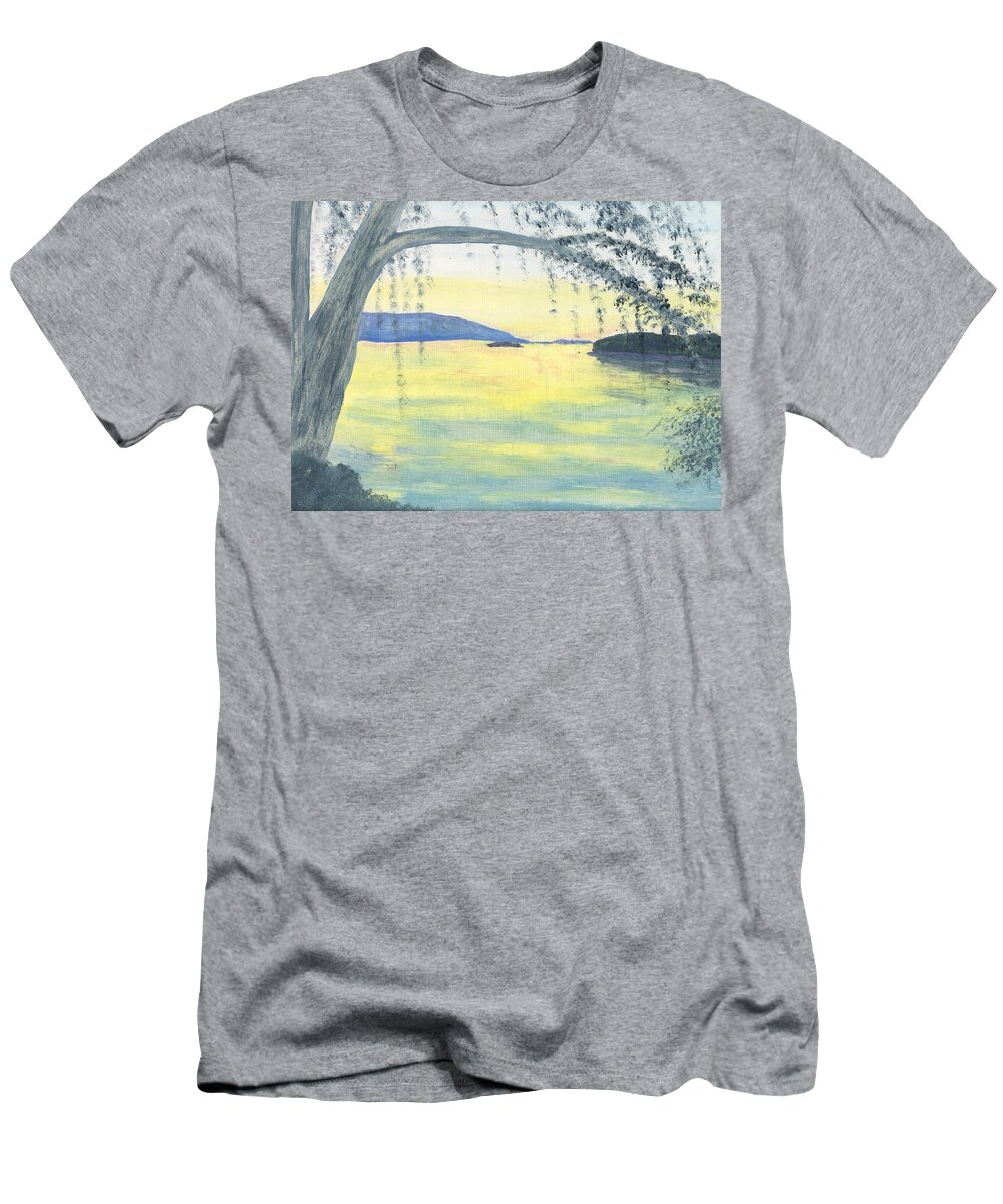 Landscape T-Shirt featuring the painting Sunset over Water by Stephanie Grant