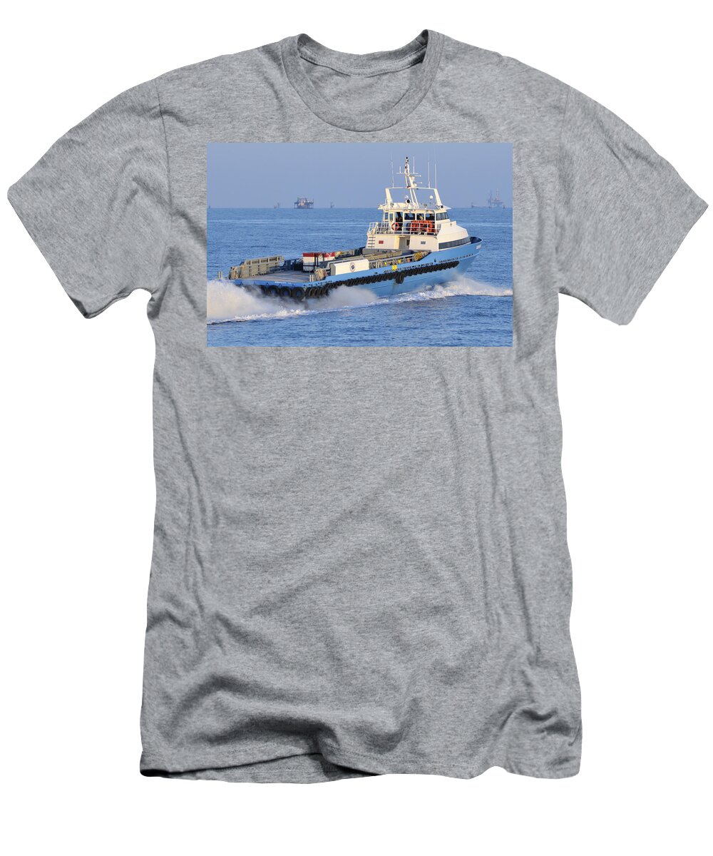 Supply Vessel T-Shirt featuring the photograph Supply Vessel heads to sea by Bradford Martin