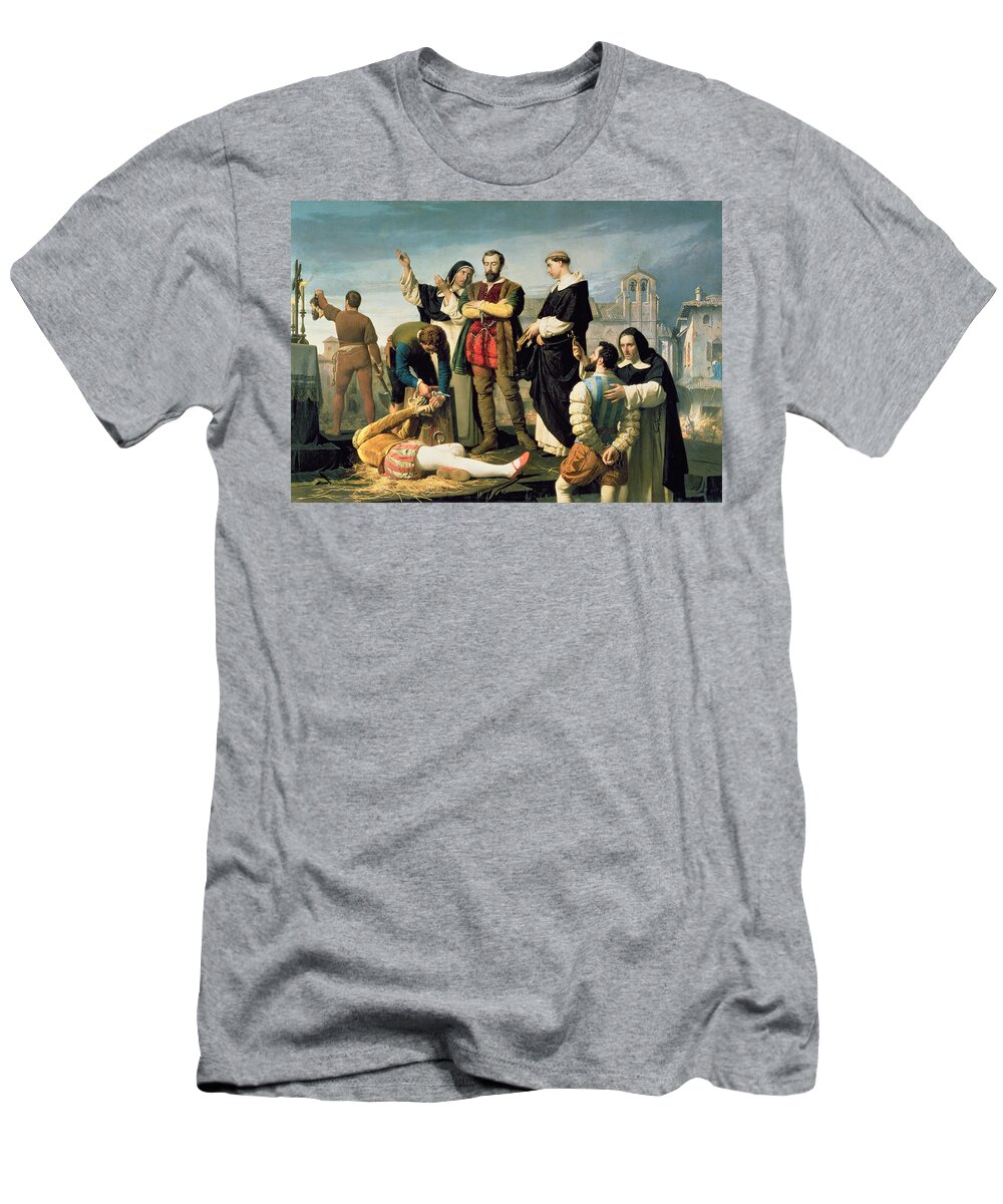 Toledan T-Shirt featuring the photograph The Comuneros Juan De Padilla 1490-1521 Juan Bravo And Francisco Maldonado At The Scaffold, 1860 by Antonio Gisbert