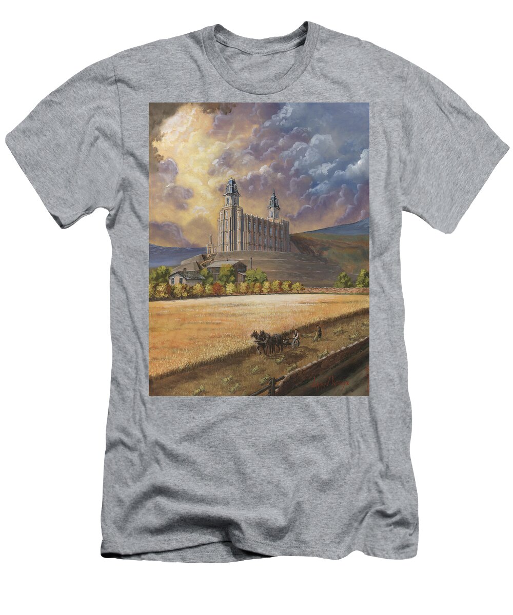 Manti Temple T-Shirt featuring the painting The Field is White by Jeff Brimley