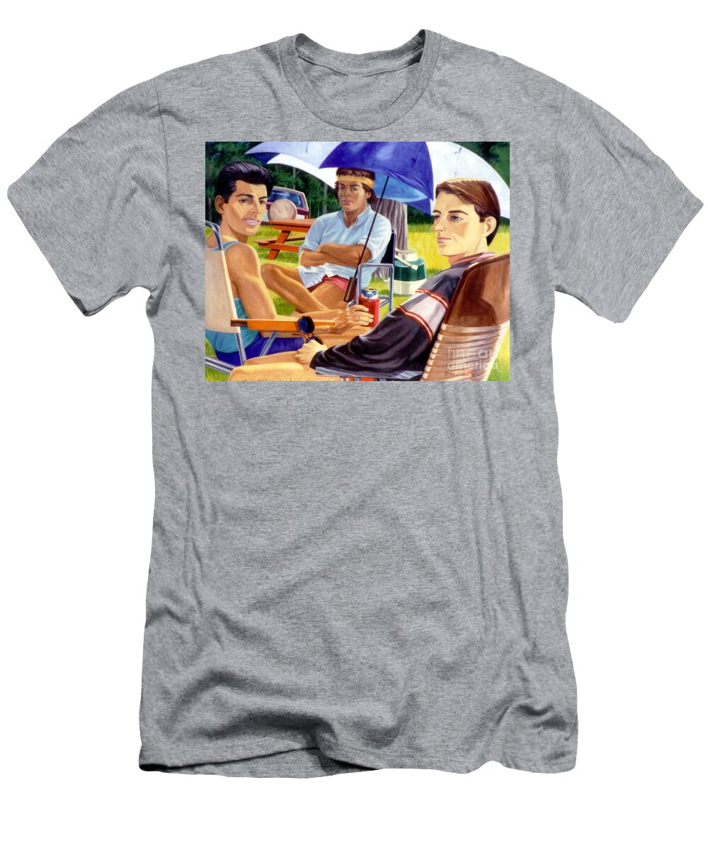 Three Men T-Shirt featuring the painting Three Friends Camping by Stan Esson
