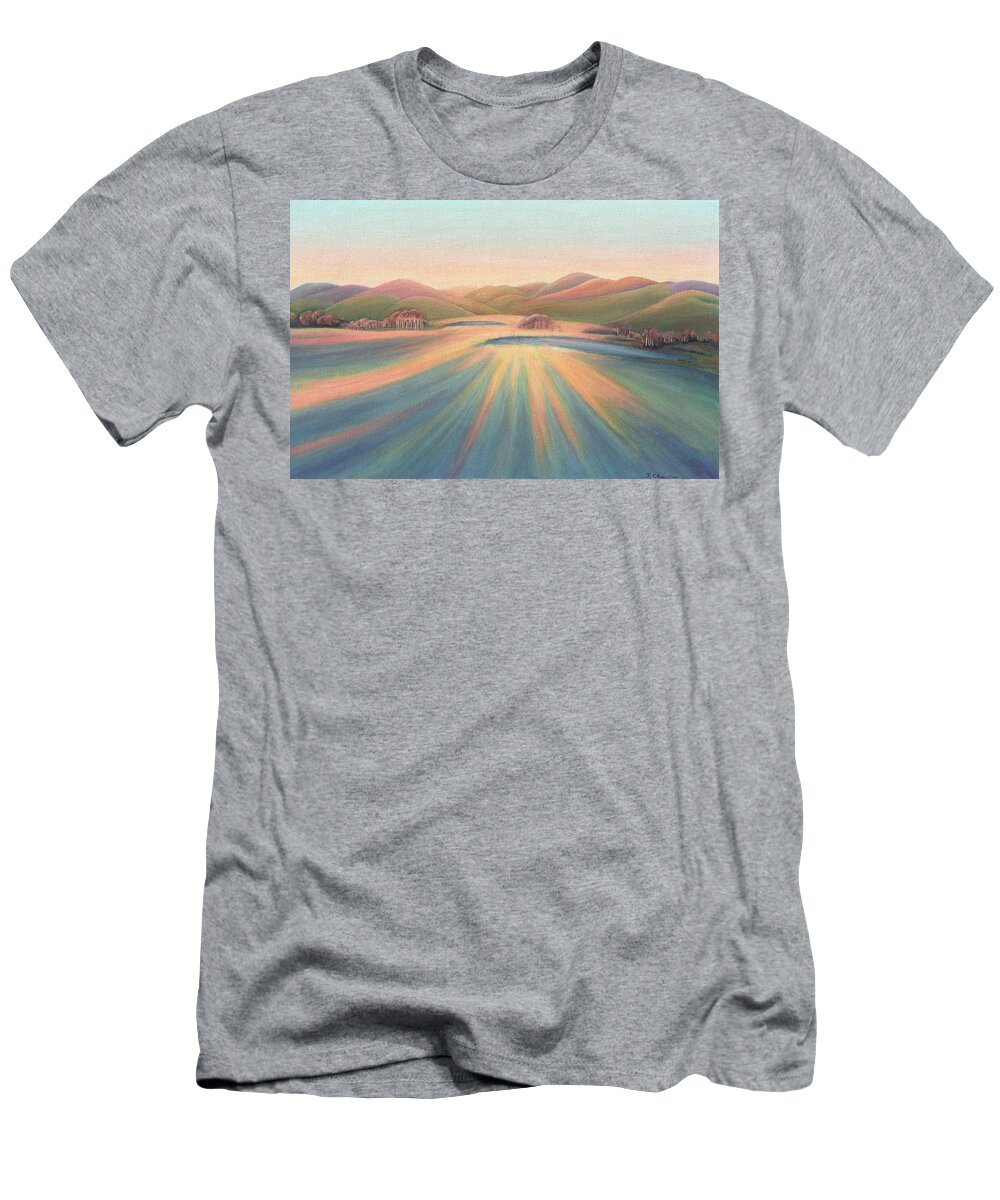 Judith Chantler. T-Shirt featuring the painting Tree Shadows Sunset Tasmania by Judith Chantler