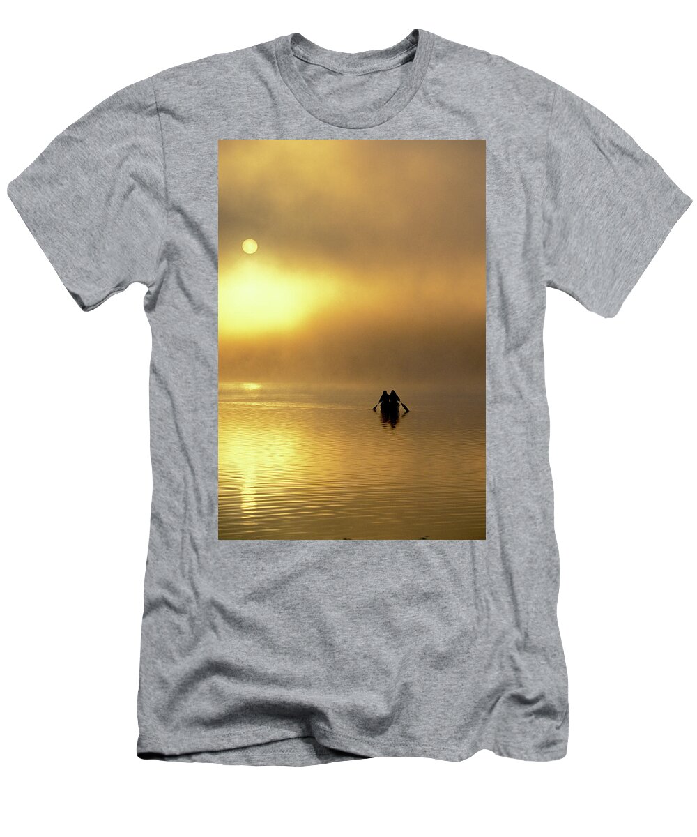 Active T-Shirt featuring the photograph Two Women Canoe On Misty Lake by Henry Georgi