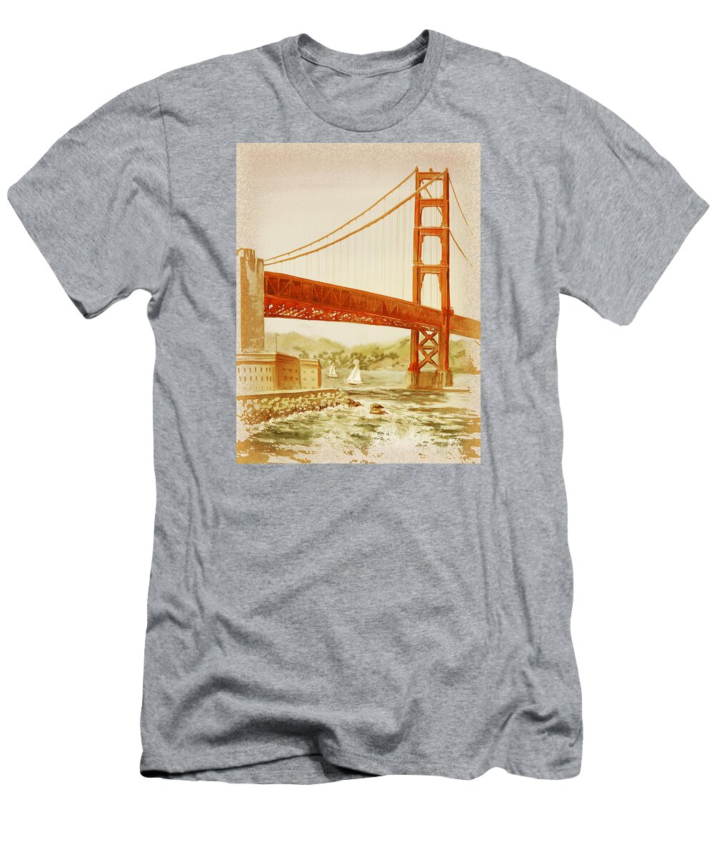 Golden Gate T-Shirt featuring the painting Vintage California Golden Gate Bridge by Irina Sztukowski