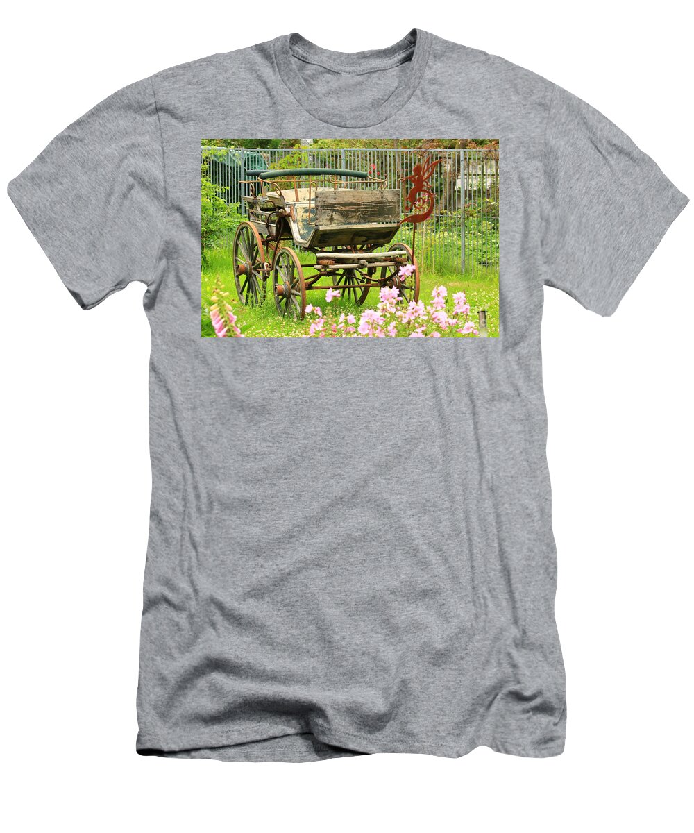 Aged T-Shirt featuring the photograph Vintage horse carriage in a flower bed by Amanda Mohler
