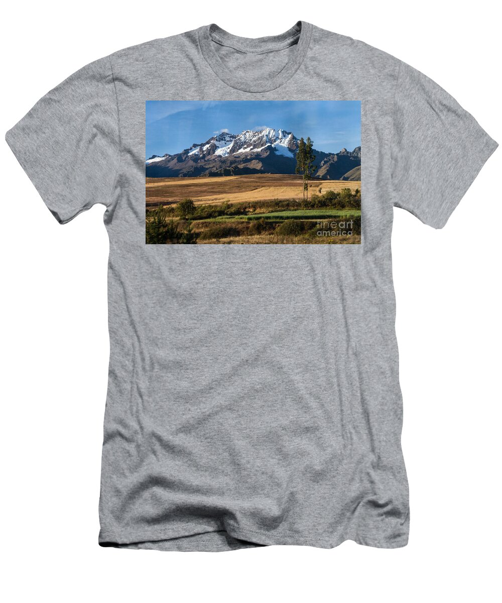 Chinchero Area T-Shirt featuring the photograph Wheat field and Moutnains by Dan Hartford