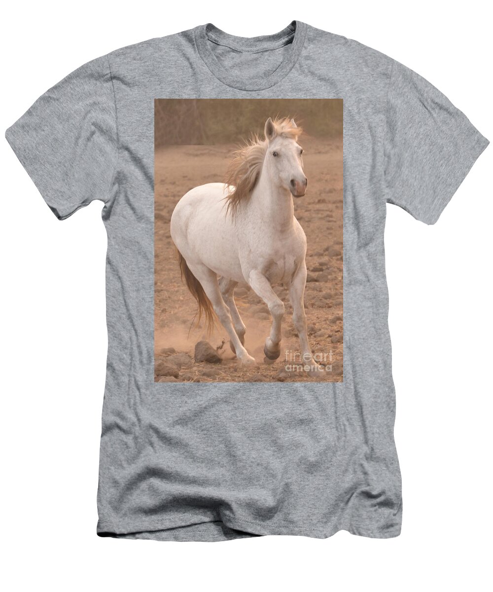 Rtf Ranch T-Shirt featuring the photograph White Mare Approaches Number One Close Up Muted by Heather Kirk