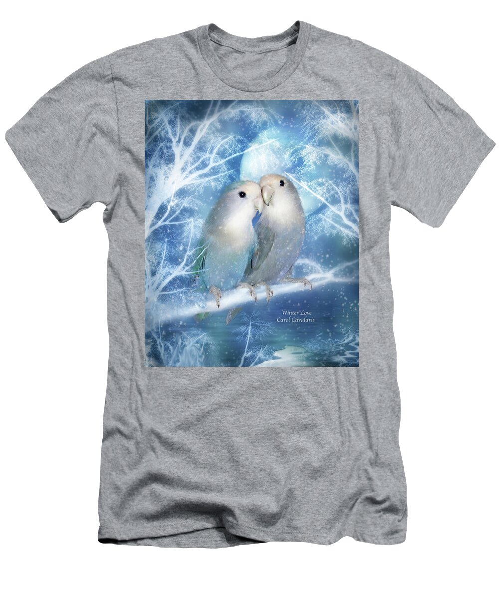 Lovebirds T-Shirt featuring the mixed media Winter Love by Carol Cavalaris