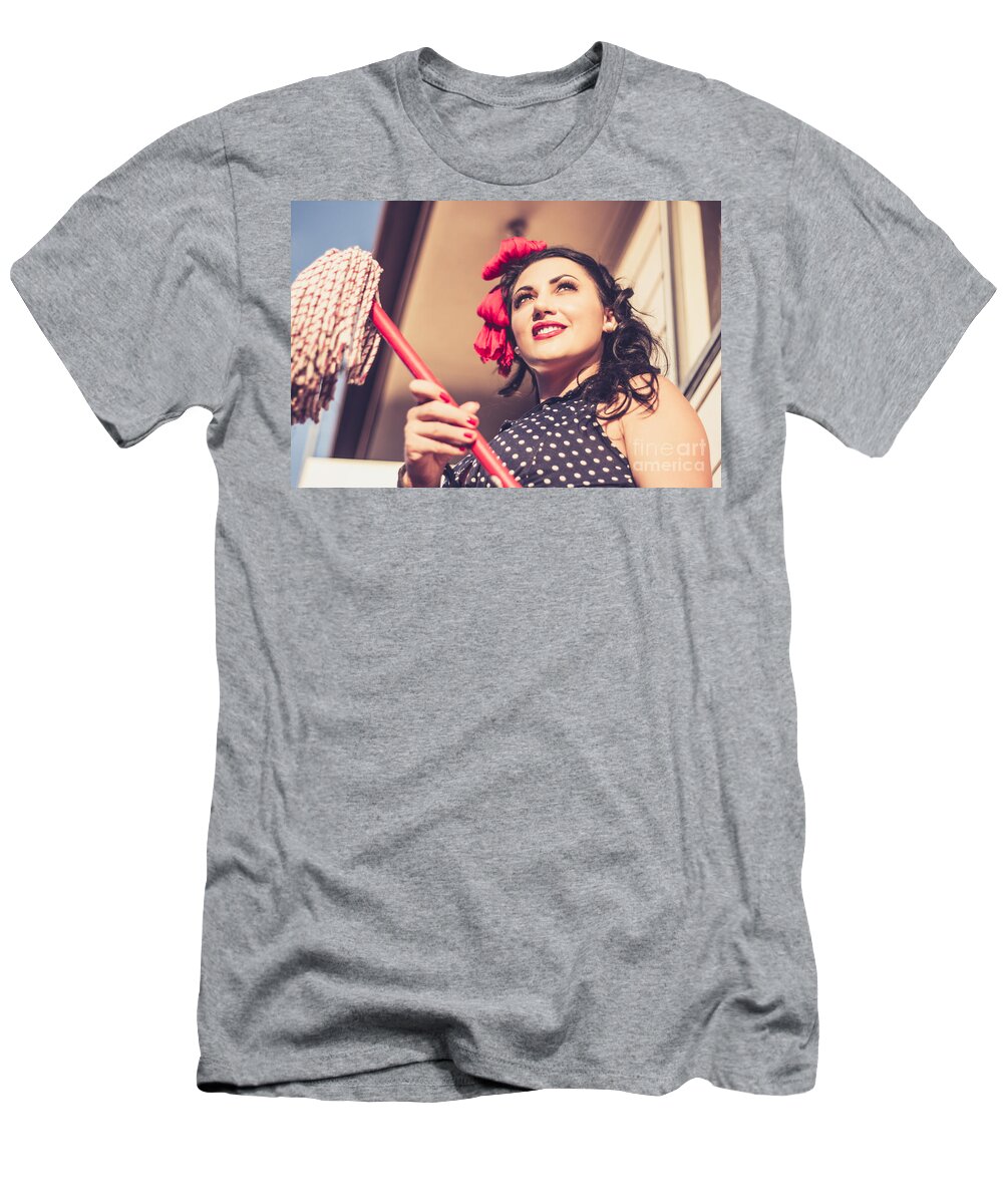 Pinup T-Shirt featuring the photograph Young 50s brunette housewife holding red mop by Jorgo Photography