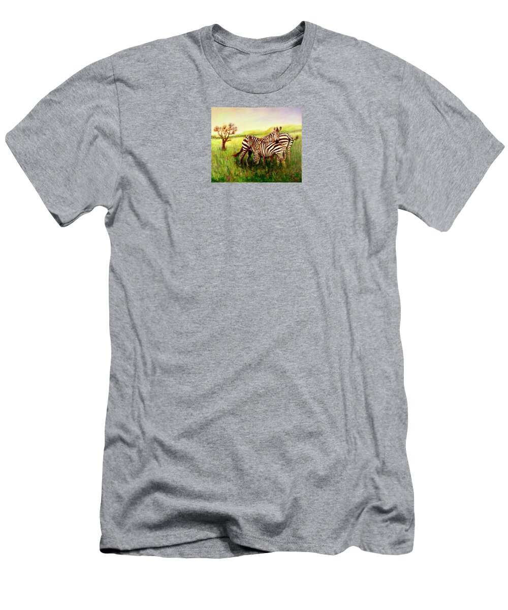Zebra T-Shirt featuring the painting Zebras at Ngorongoro Crater by Sher Nasser
