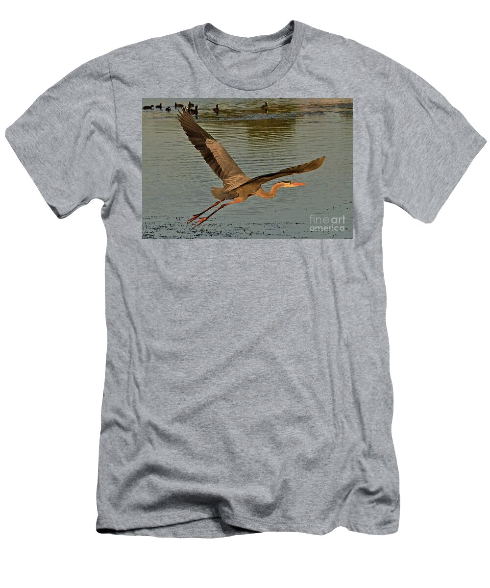 Heron T-Shirt featuring the photograph Sunset Flight #1 by Carol Bradley