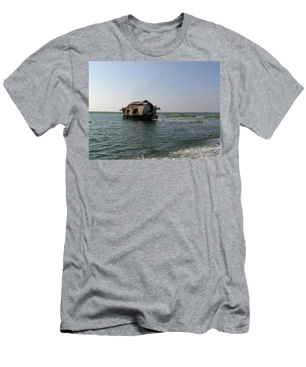 Boat T-Shirt featuring the photograph A houseboat moving placidly through a coastal lagoon in Alleppey by Ashish Agarwal