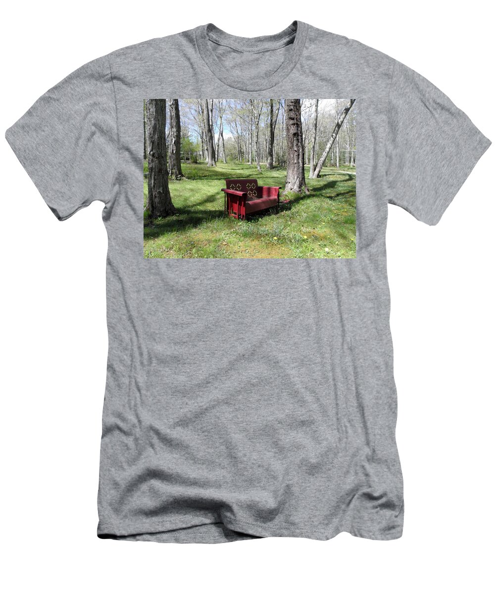 Old Metal Bench T-Shirt featuring the photograph A perfect bench in the country by Kim Galluzzo Wozniak