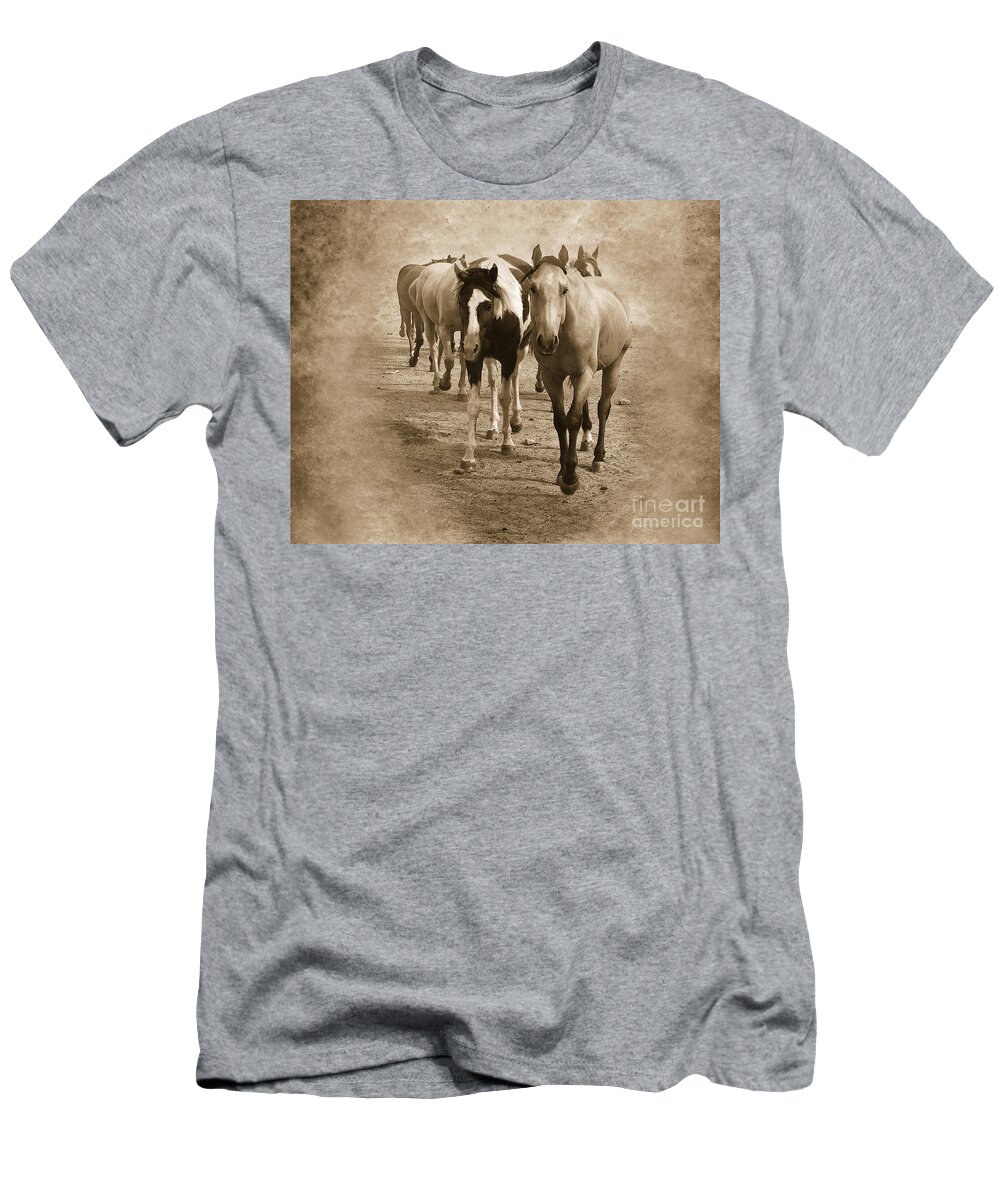 American Quarter Horse T-Shirt featuring the photograph American Quarter Horse Herd in Sepia by Betty LaRue