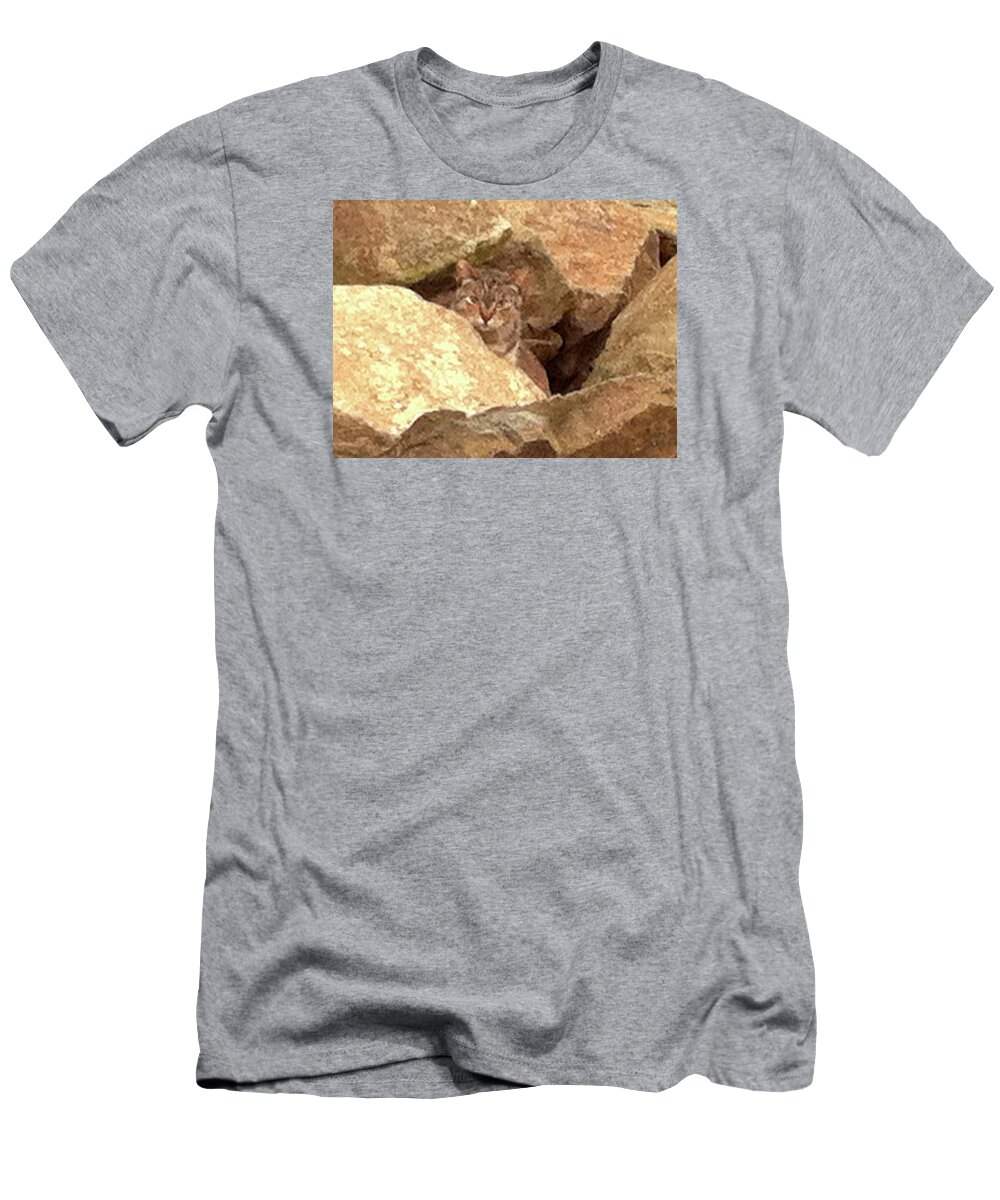 Cat T-Shirt featuring the photograph Cat On The Rocks by Alison Stein