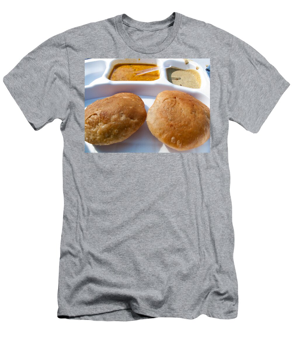 Kachori T-Shirt featuring the photograph Close up of a plate of Indian food delicacy Kachori with Sabzi and Chutney by Ashish Agarwal