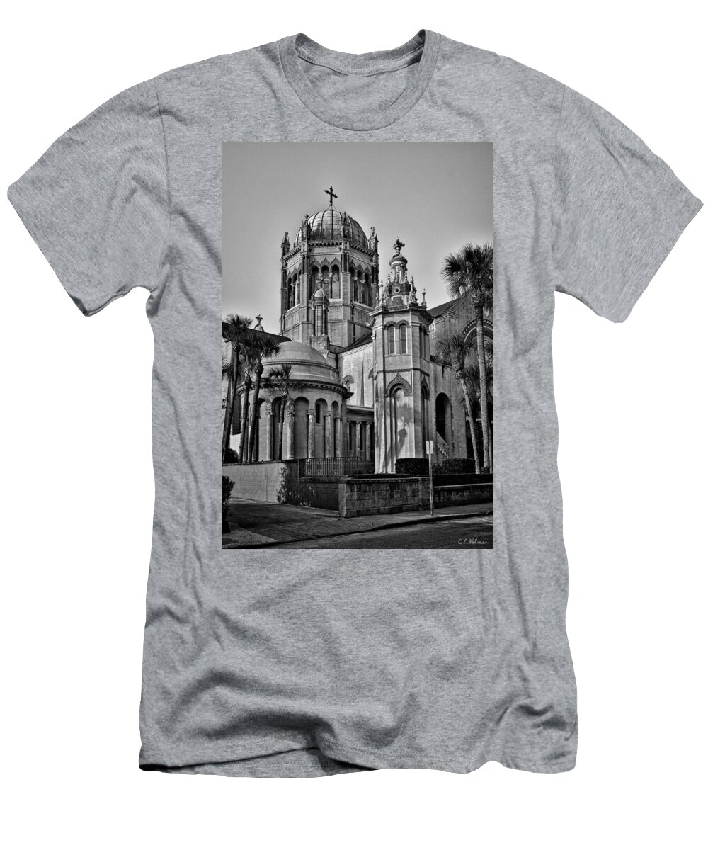 Flagler T-Shirt featuring the photograph Flagler Memorial Presbyterian Church 3 - BW by Christopher Holmes
