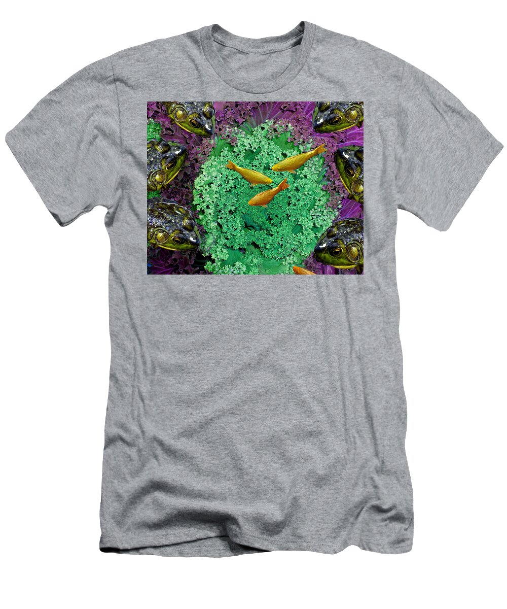 Kale T-Shirt featuring the mixed media Froggery 2 With Koi by Lynda Lehmann