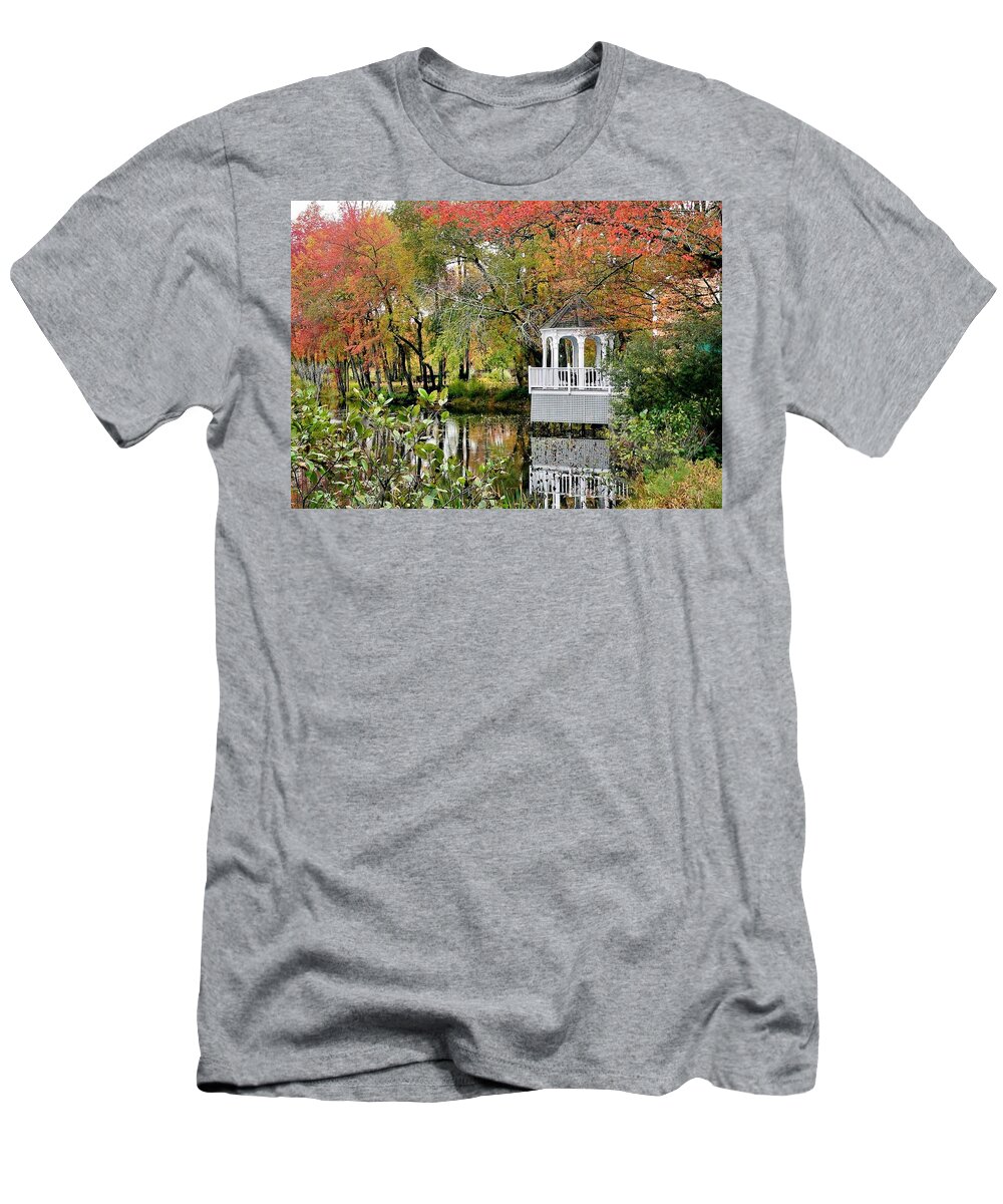 Gazebo T-Shirt featuring the photograph Gazebo on the Pond by Janice Drew